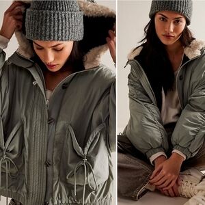 Free People Lillian Puffer Bomber Jacket Hazy Green Hood Sherpa Size XS
